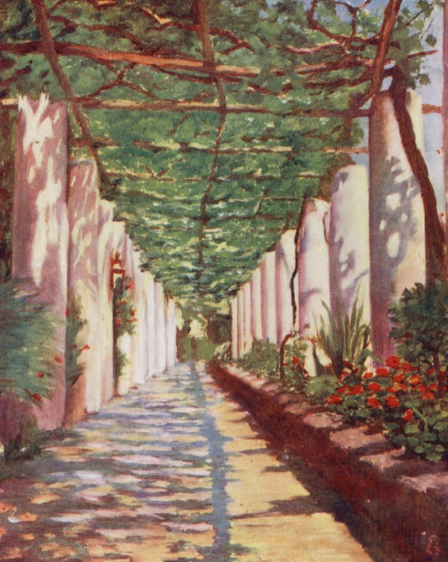 Terrass på Cappucini Hotel, Amalfi, under högsommaren (färglitografi) av Augustine Fitzgerald