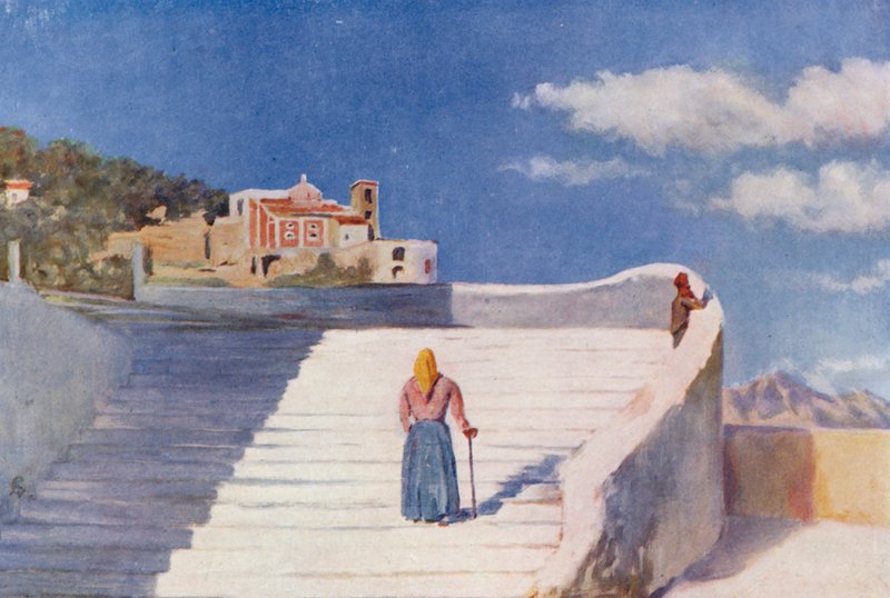 Gatan i Atrani (färglitografi) av Augustine Fitzgerald