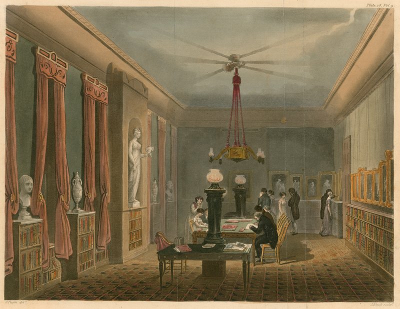 Ackermanns bibliotek för konstverk av Augustus Charles Pugin