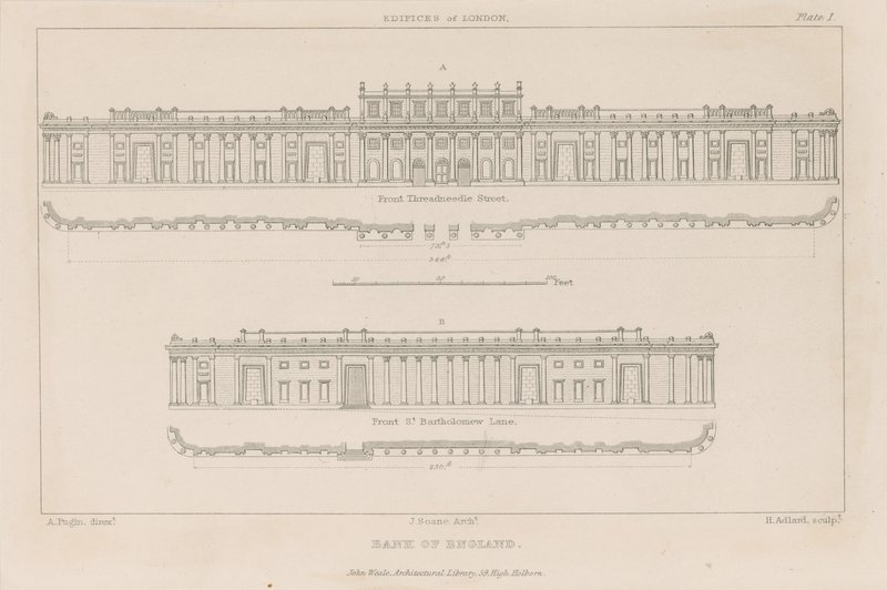 Bank of England, Sir John Soanes södra framsida, 1823 av Augustus Charles Pugin