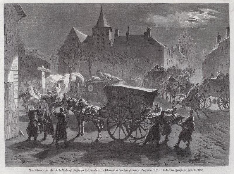 Ankomst av saxiska soldater sårade i striderna utanför Paris, fransk-preussiska kriget, 2 december 1870 (gravyr) av Augustus J. Beck