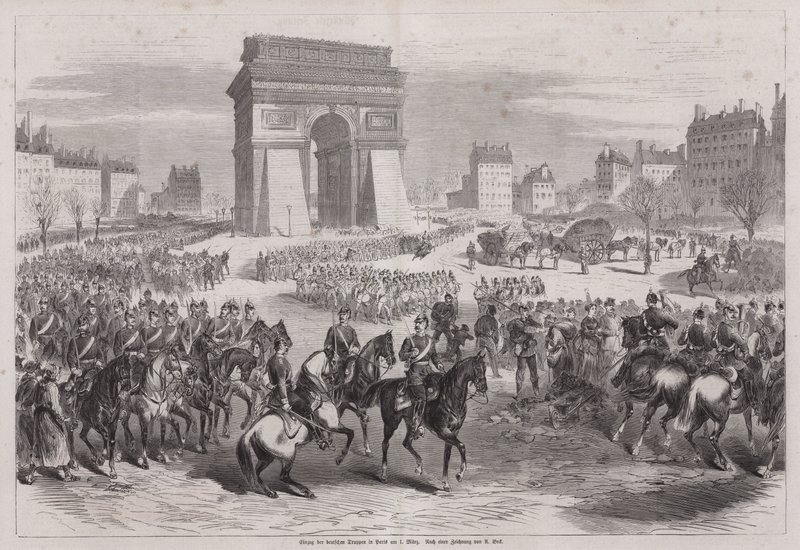 Tyska trupper går in i Paris efter det fransk-preussiska krigets slut av Augustus J. Beck