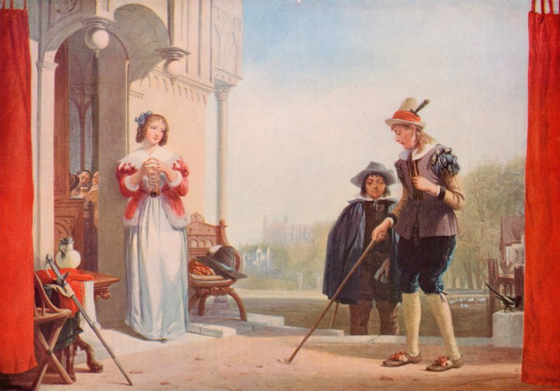 Shakespeare: Slender and Anne Page, The Marry Wives of Windsor, Akt I, Scene 1 (färg litho) av Augustus Wall (after) Callcott