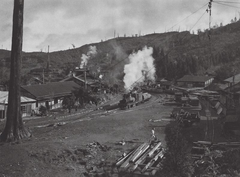 Japan: Numanohira, transport av timmer (svartvitt foto) av Axel von Graefe