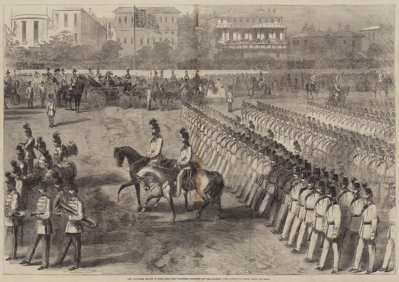 Volontärgranskningen i Hyde Park, volontärerna som marscherar förbi Hennes Majestät av B. Clayton