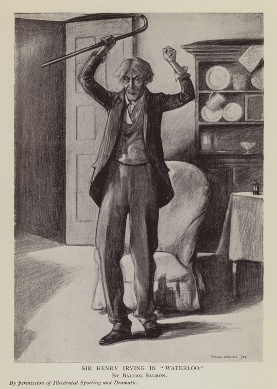 Engelska skådespelaren Henry Irving i Arthur Conan Doyles pjäs Waterloo (lito) av Balliol (after) Salmon