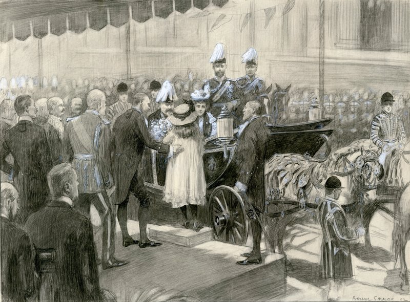 Kung Edward VII och drottning Alexandra - London County Councils monter på Trafalgar Square, 24 oktober 1902 (akvarell på papper) av Balliol (after) Salmon