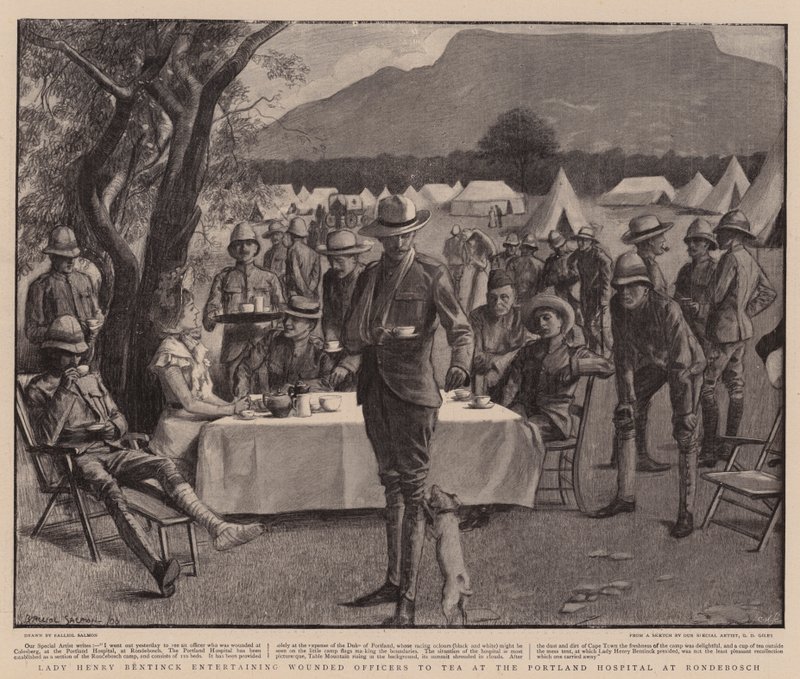 Lady Henry Bentinck bjuder sårade officerare på te på Portland Hospital i Rondebosch (litografi) av Balliol (after) Salmon