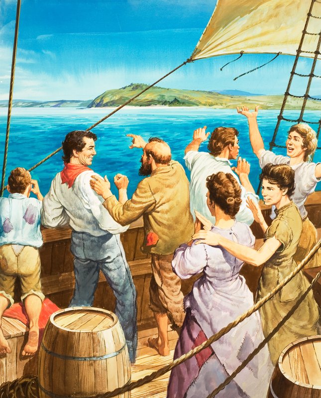 Den välkomnande synen av land (gouache på papper) av Barrie Linklater