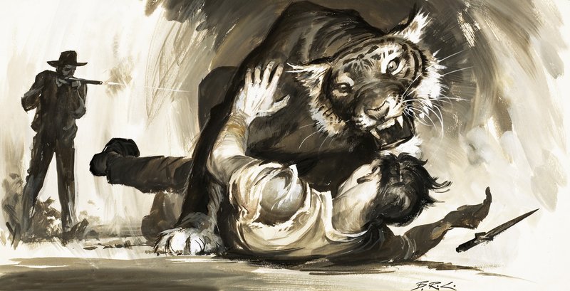 Tiger attackerar en jägare av Barrie Linklater