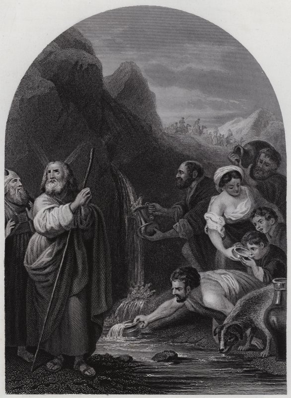 Moses slår klippan (gravyr) av Bartolome Esteban (after) Murillo