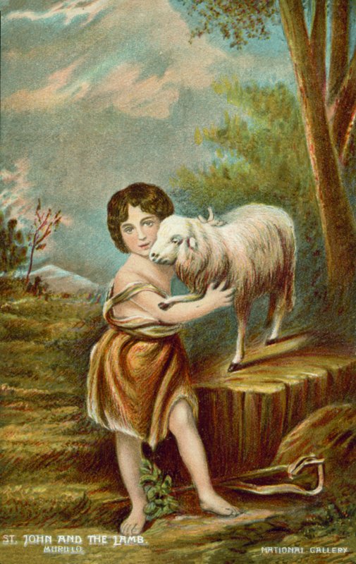 Barnet Johannes döparen och lammet (färglitografi) av Bartolome Esteban (after) Murillo
