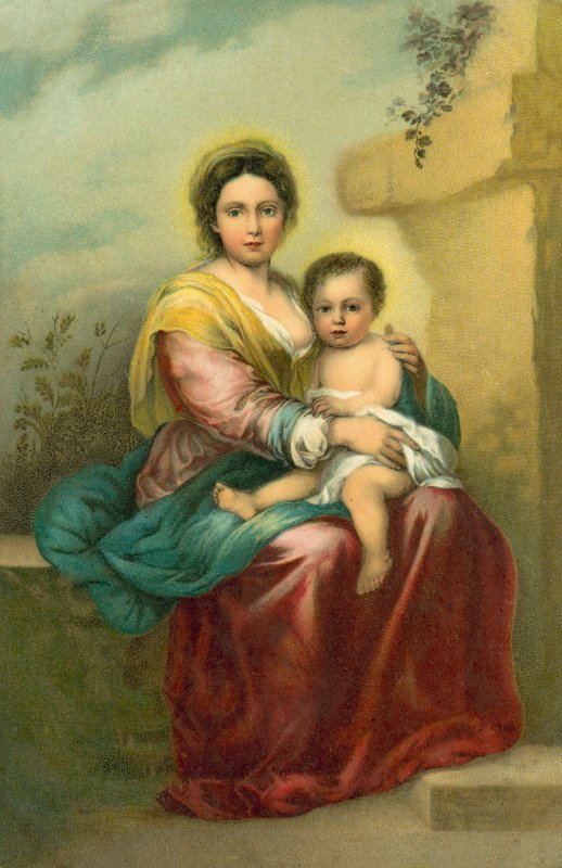 Jungfrun med barnet (chromolitho) av Bartolome Esteban (after) Murillo