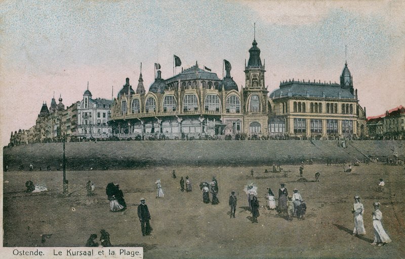 Le Kursaal och stranden i Oostende i Belgien. Vykort skickat 1913. av Belgian Photographer