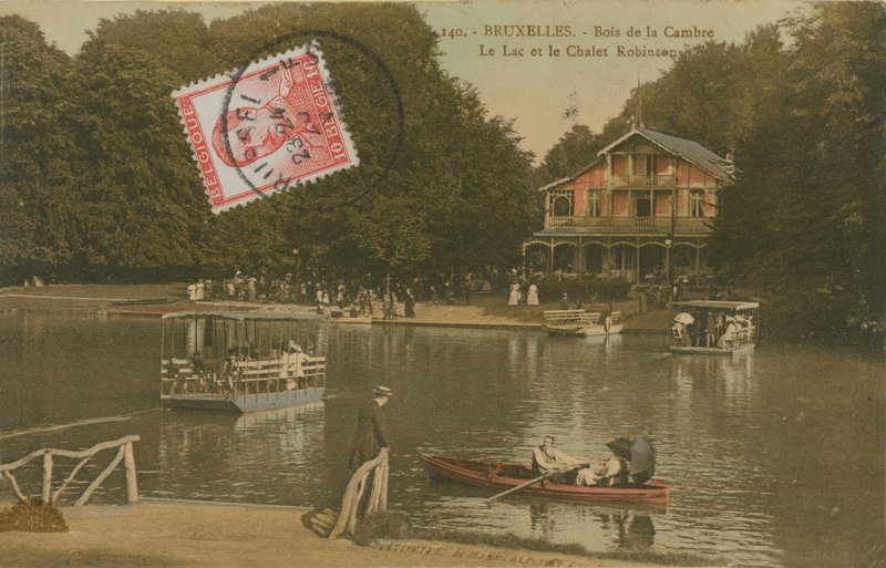 Sjön och Chalet Robinson, Bois de la Cambre, Bryssel. Vykort skickat 1913. av Belgian Photographer