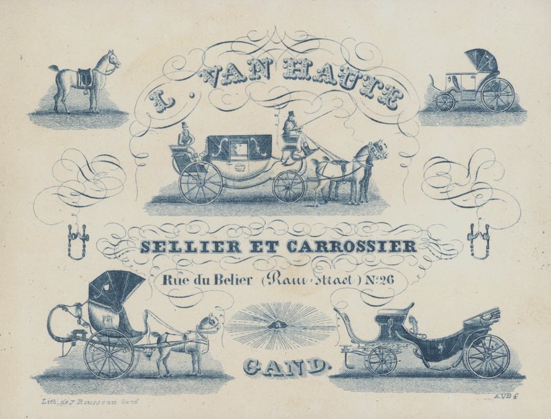 Annons för L van Haute, sadelmakare och karossbyggare, Gent, Belgien (litho) av Belgian School
