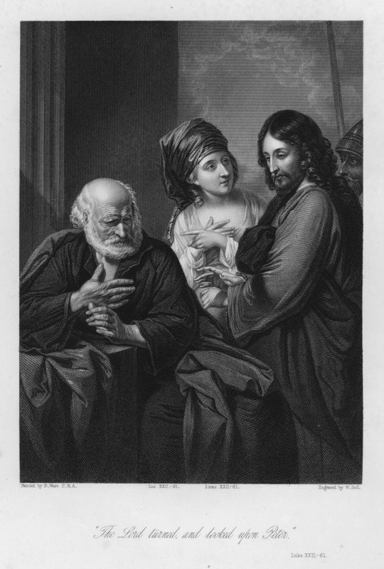 Petrus förnekar Kristus, Lukas XXII, 61 (gravyr) av Benjamin (after) West