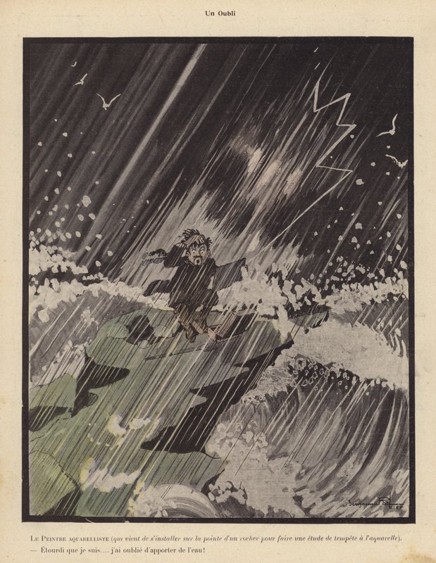 En förbiseende: en akvarellkonstnär som ställer sig upp på en klippa för att måla en storm och beklagar det faktum att han har glömt att ta med sig vatten (litho) av Benjamin Rabier