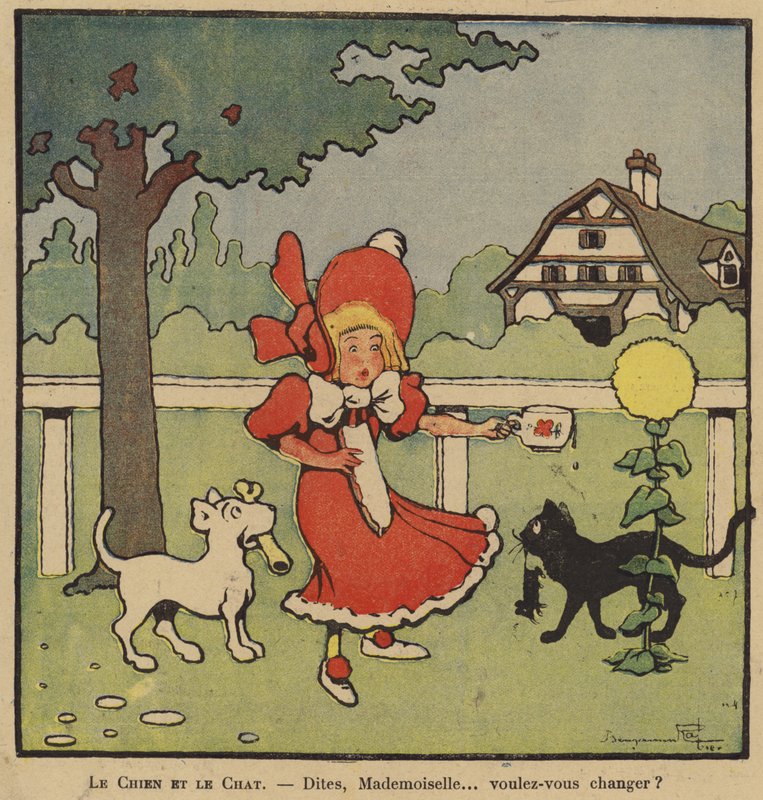 Teckning av en flicka som fastnar mellan sin hund med ett ben och sin katt med en mus. av Benjamin Rabier