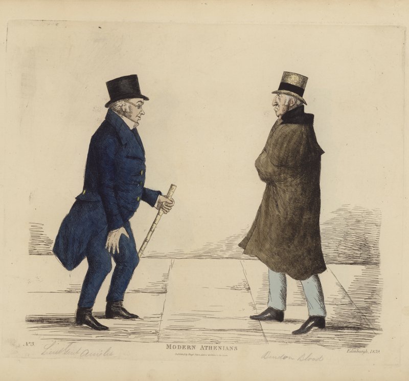 Eminenta Edinburghians, aka Modern Athenians, Generallöjtnant George R Ainslie, Bindon Blood, Esq, of Cranacher (färgad gravyr) av Benjamin William Crombie