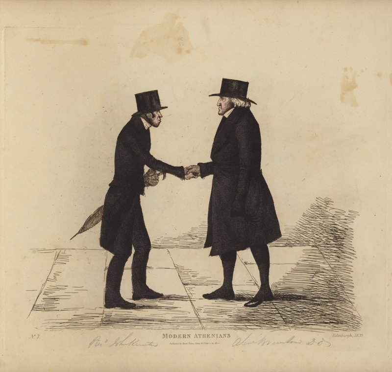 Eminenta Edinburghians, aka Modern Athenians, Rev John Hunter, MA, från Tron Church, Rev Dr Brunton, hans kollega, professor i hebreiska, etc (färgad gravyr) av Benjamin William Crombie