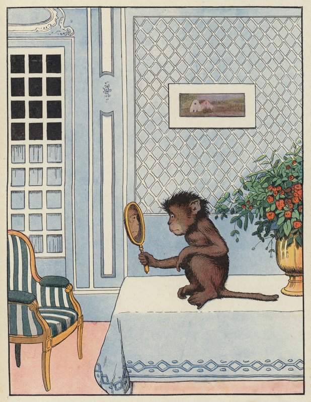 Apa tittar på sin reflektion i en spegel av Benjamin Rabier