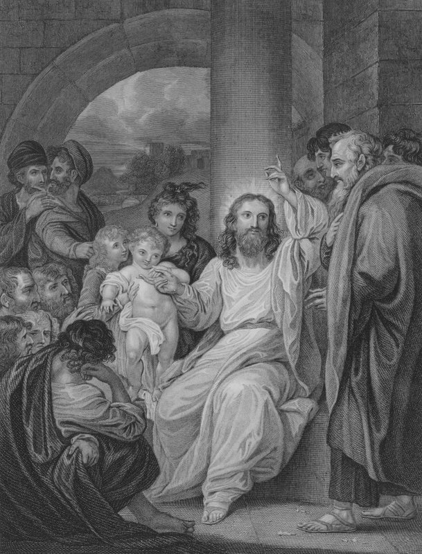Små barn förda till Kristus, Markus 10, vers 13-17 av Benjamin after West