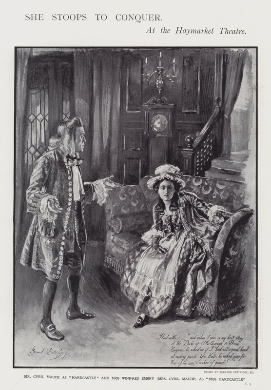 En föreställning av Oliver Goldsmiths komedi She Stoops to Conquer på Haymarket Theatre, London (litho) av Bernard (after) Partridge