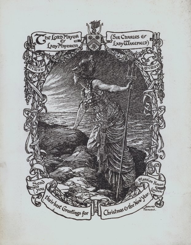 Britannia med utsikt över havet, julhälsningskort från första världskriget från Lord Mayor och Lady Mayoress i London, Sir Charles och Lady Wakefield av Bernard (after) Partridge