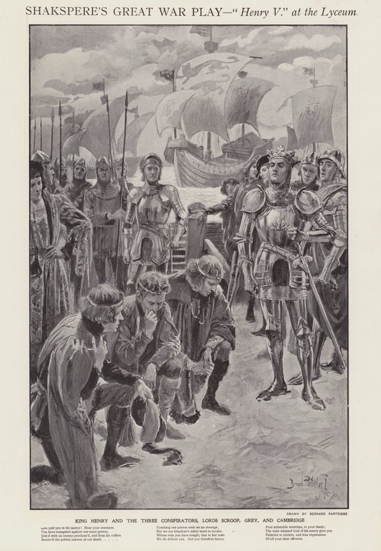 Scen från en produktion av Shakespeares Henry V på Lyceum Theatre, London (litho) av Bernard (after) Partridge