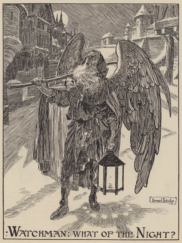 Watchman: Vad händer med natten? (gravyr) av Bernard (after) Partridge