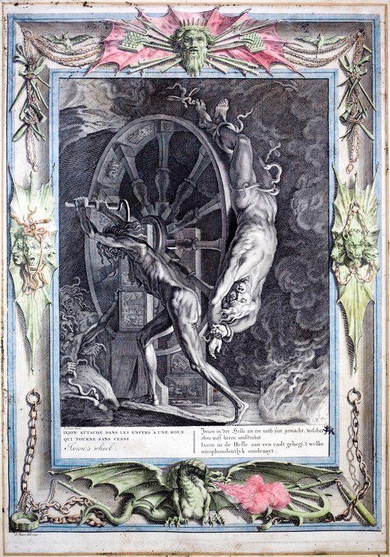 Ixion bunden till det evigt svängande eldhjulet (färgad gravyr) av Bernard (after) Picart