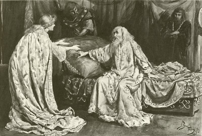 Fröken Ellen Terry som Cordelia, Henry Irving som kung Lear (gravyr) av Bernard Partridge