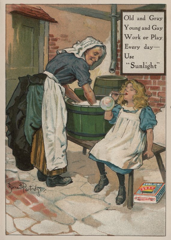 Ung flicka som blåser bubblor medan hennes mormor tvättar: reklam för Sunlight-tvål av Bernard Partridge