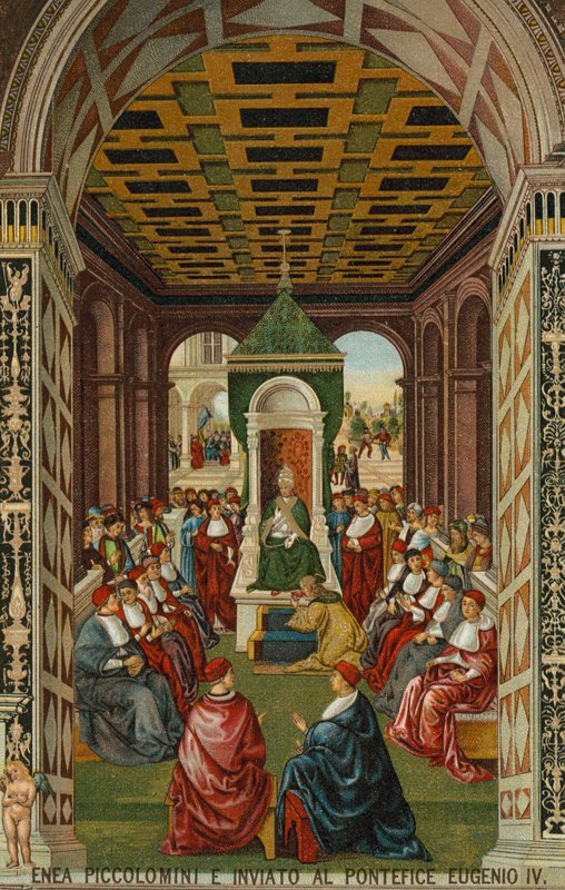 Enea Piccolomini inför påven Eugen IV av Bernardino di Betto (after) Pinturicchio