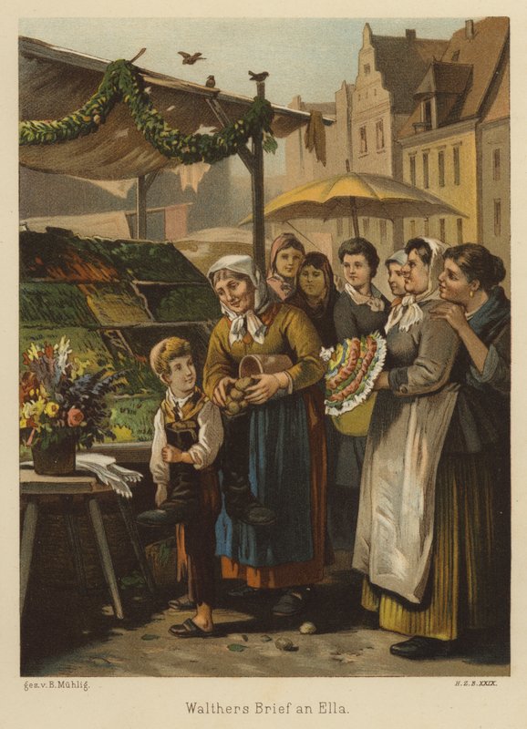 Scen på en marknad (färg litho) av Bernhard Muhlig
