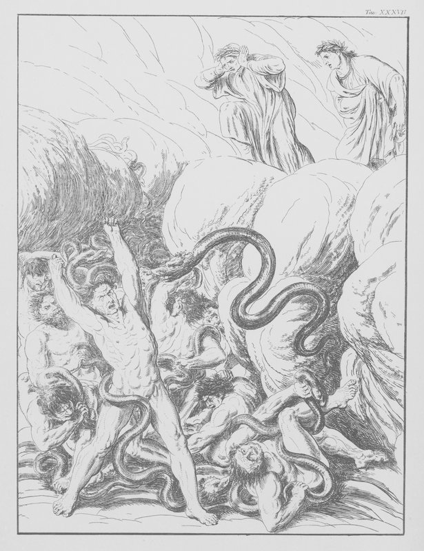 Dantes gudomliga komedi, Inferno (helvetet), plansch XXXVII (litografi) av Bernhard Schuler