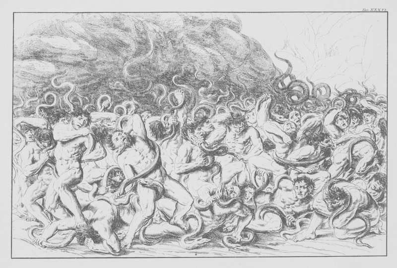 Dantes gudomliga komedi, Inferno (Helvetet), plansch XXXVI (litografi) av Bernhard Schuler