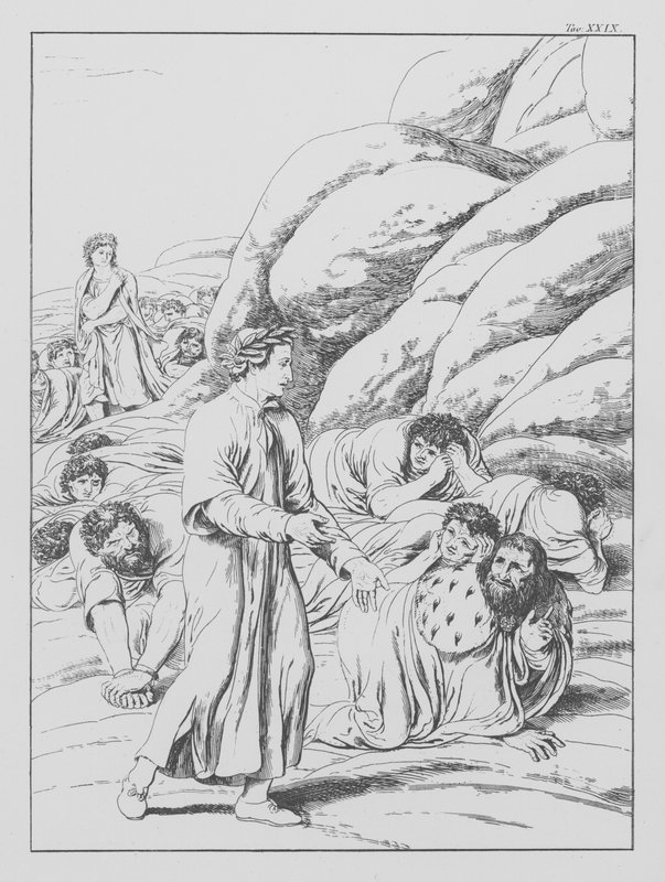 Dantes gudomliga komedi, Purgatorio (Skärselden), plansch XXIX (litografi) av Bernhard Schuler