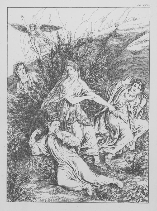 Dantes gudomliga komedi, Purgatorio (Skärselden), plansch XXVII (litografi) av Bernhard Schuler