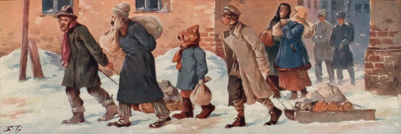 Sovjetiska arbetare som lämnar sina kontor med sina matransoner (färg litho) av Boris Vasilievich Zvorykin