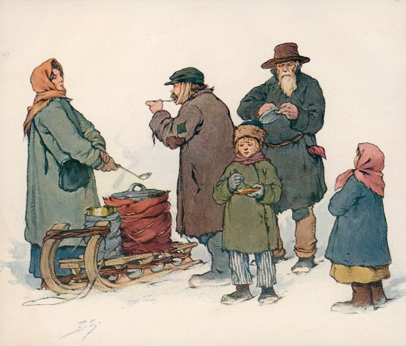 Kvinna som säljer varm soppa på gatan i Sovjetryssland (färg litho) av Boris Vasilievich Zvorykin