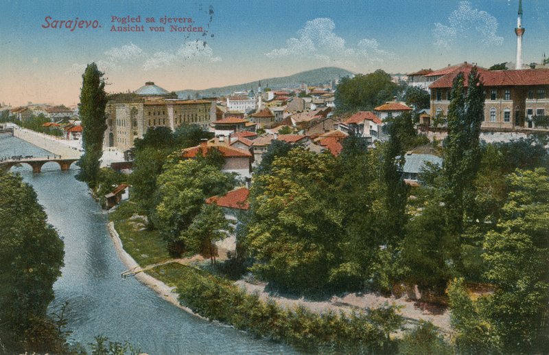 Sarajevo - utsikt norr om staden. Vykort skickat 1913. av Bosnian Photographer