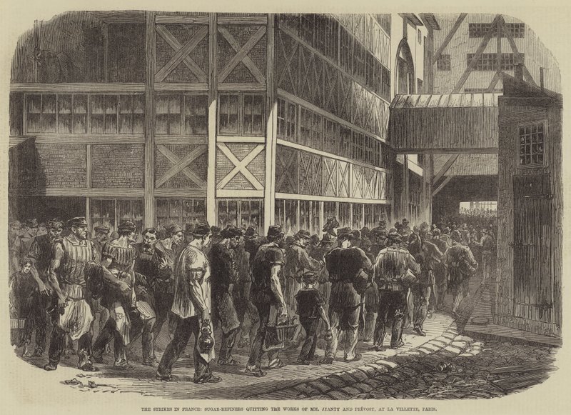 Strejkerna i Frankrike, sockertopparna slutar på MM Jeanty och Prevosts fabriker i La Villette, Paris. av Burn Smeeton
