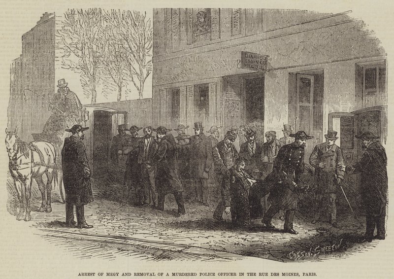 Arrest of Megy and Removal of a Murdered Police Officer in the Rue des Moines, Paris  av Burn Smeeton