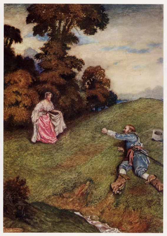 "Ty han kunde varken stå eller gå, / men som en krympling ramlade" (färg litho) av Byam (after) Shaw
