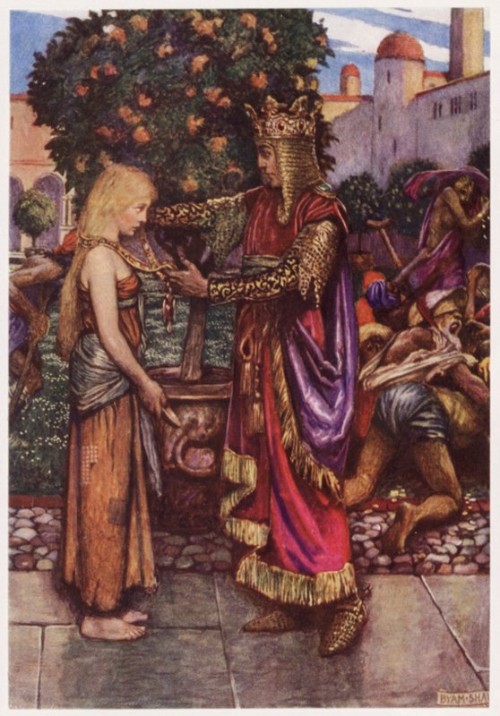 "Kungen han kallade tillbaka henne igen, / Och till henne gav han sin kedja" (färg litho) av Byam (after) Shaw