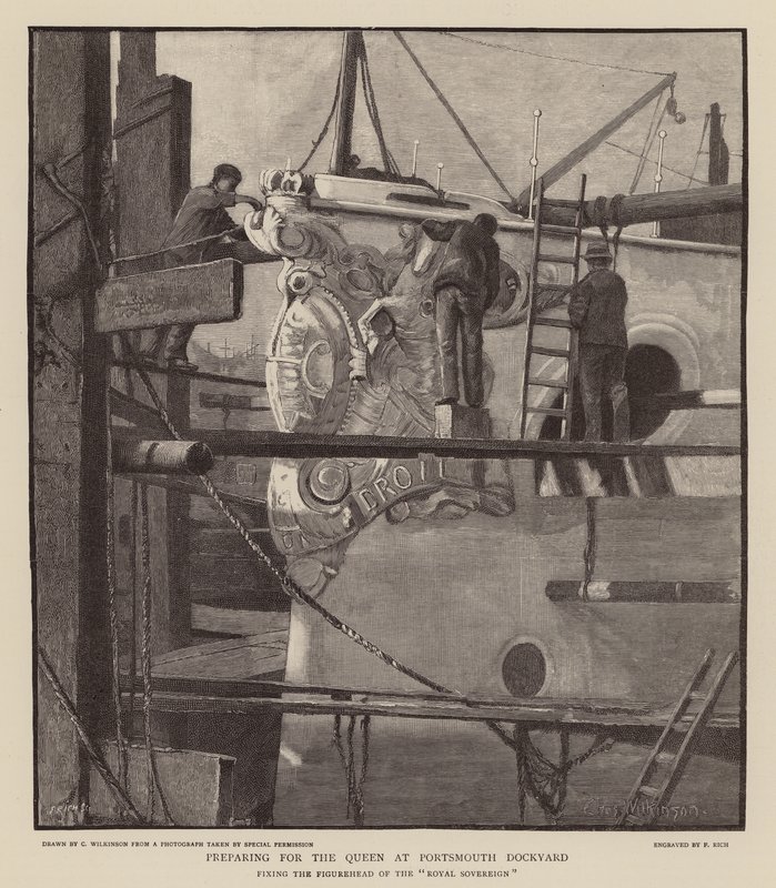 Förberedelser för drottning Victoria vid Portsmouths varv (gravyr) av C.A. Wilkinson