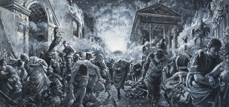 En stads förstörelse (gouache på papper) av C.L. Doughty