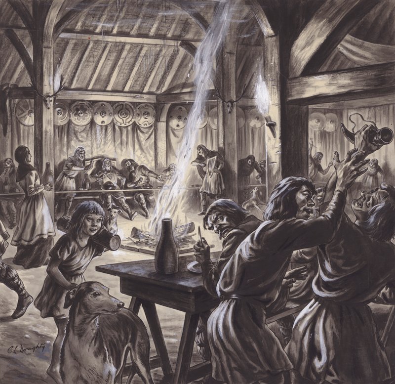 En festmåltid i en anglosaxisk thegns hall (gouache på papper) av C.L. Doughty
